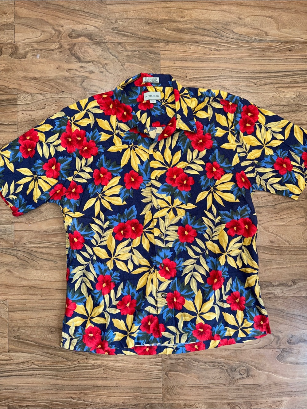 Cutter & Buck Navy Short-Sleeve Floral Button-Down - Red & Yellow Flowers